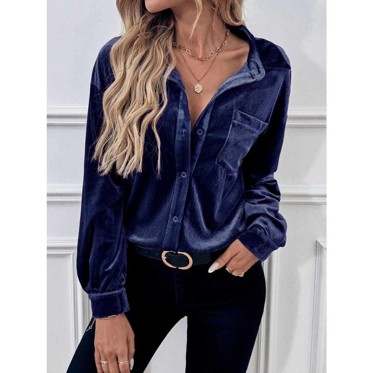 GIOIO - Camisa Terciopelo Solapa Manga Larga Figura Esbelta​