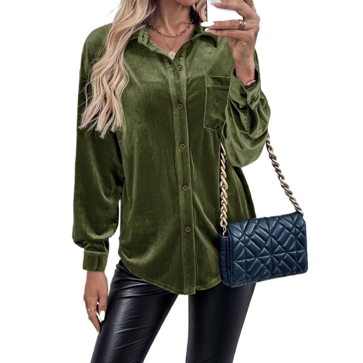 GIOIO - Camisa Terciopelo Solapa Manga Larga Figura Esbelta​