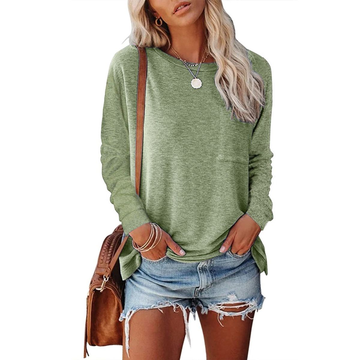 GIOIO - Camiseta Manga Larga Cuello Redondo Bolsillos Abertura Holgada​