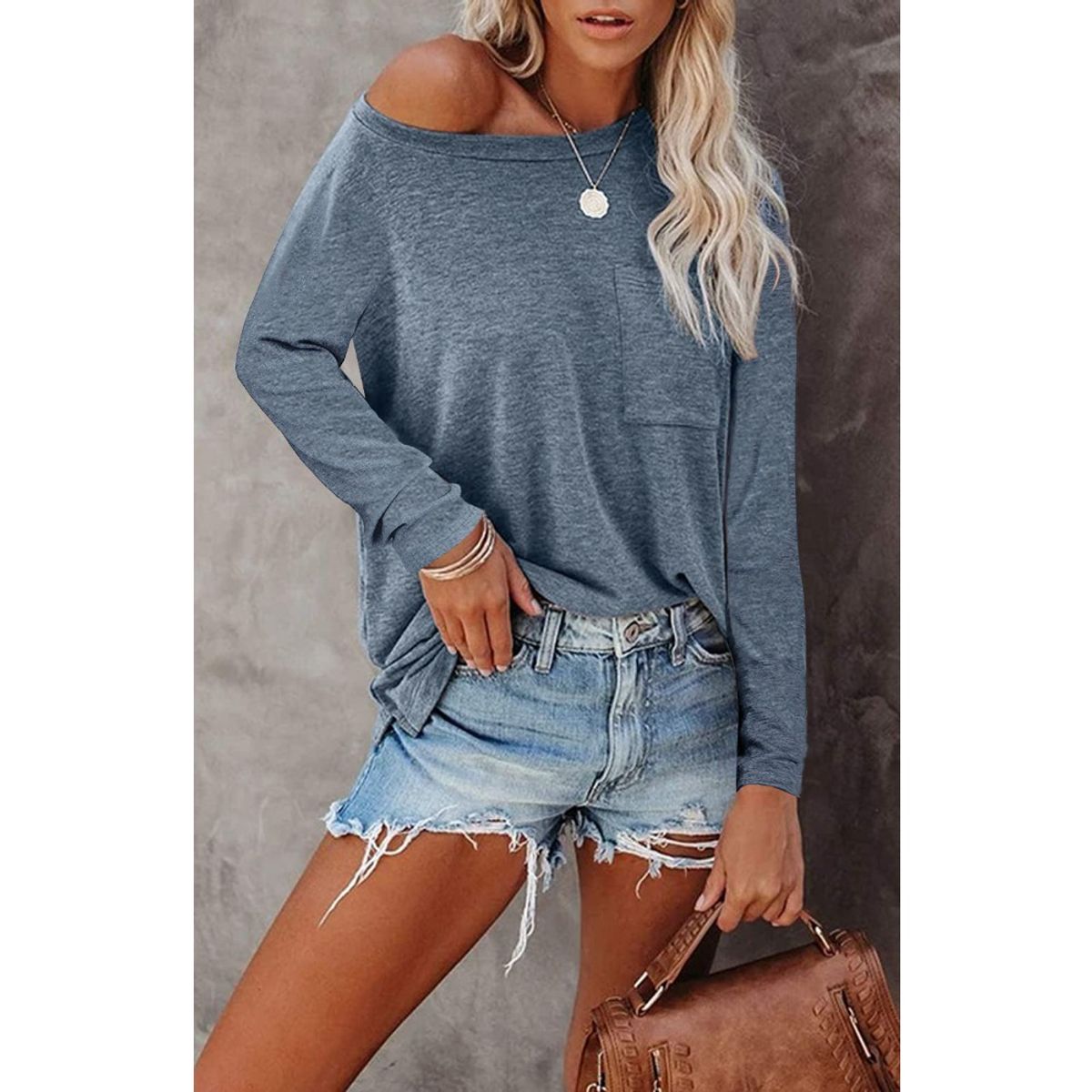 GIOIO - Camiseta Manga Larga Cuello Redondo Bolsillos Abertura Holgada​