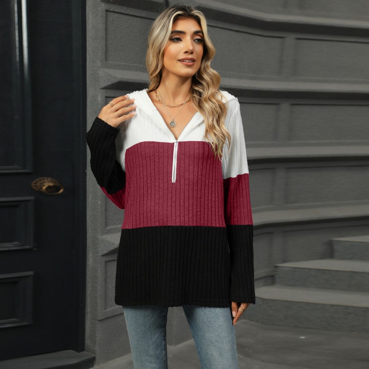 GIOIO - Sudadera Holgada Color Block Cremallera Capucha Manga Larga​