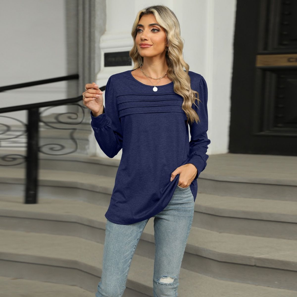 GIOIO - Camiseta Liso Escote U Pliegues Manga Larga Figura Esbelta​