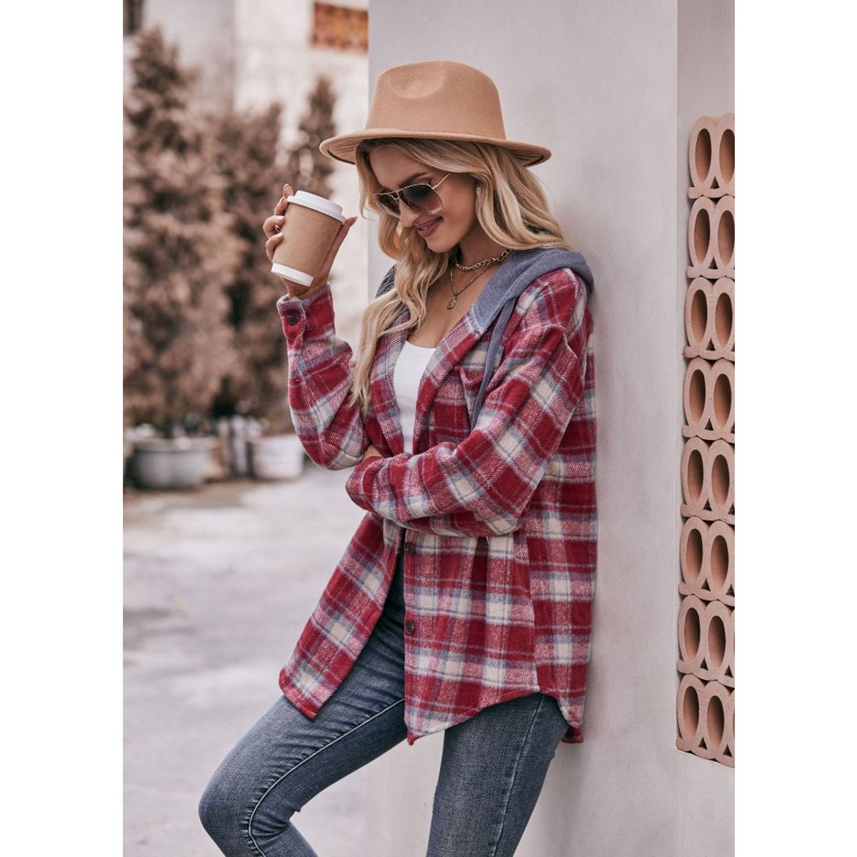 GIOIO - Shacket Franela Cuadros Capucha Casual Figura Esbelta​