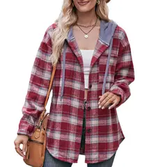 GIOIO - Shacket Franela Cuadros Capucha Casual Figura Esbelta​