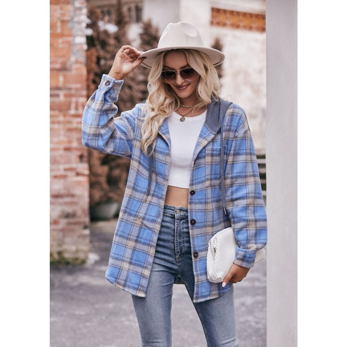 GIOIO - Shacket Franela Cuadros Capucha Casual Figura Esbelta​