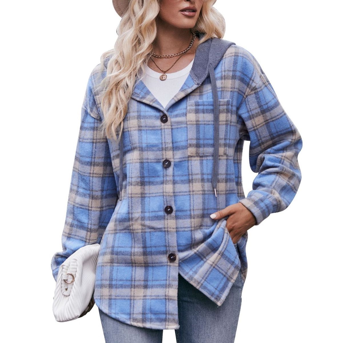 GIOIO - Shacket Franela Cuadros Capucha Casual Figura Esbelta​