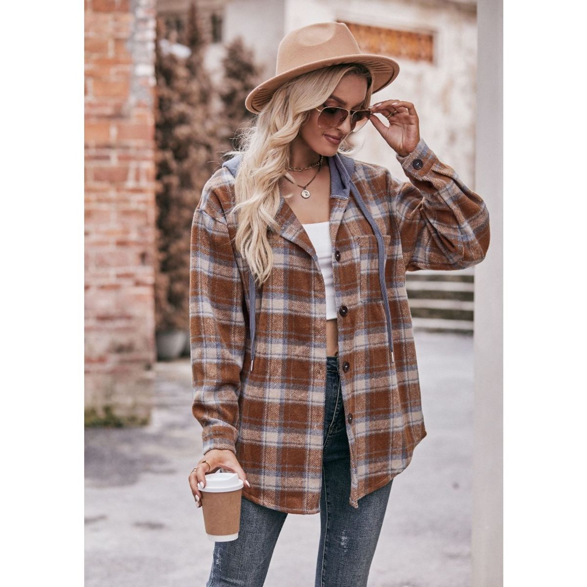 GIOIO - Shacket Franela Cuadros Capucha Casual Figura Esbelta​