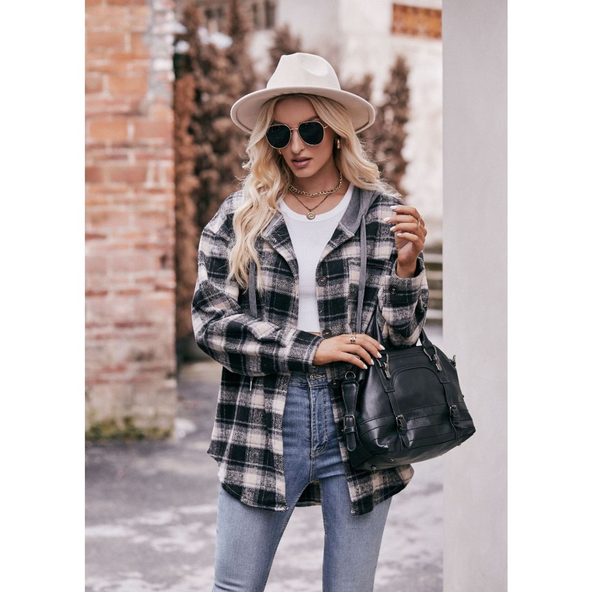 GIOIO - Shacket Franela Cuadros Capucha Casual Figura Esbelta​