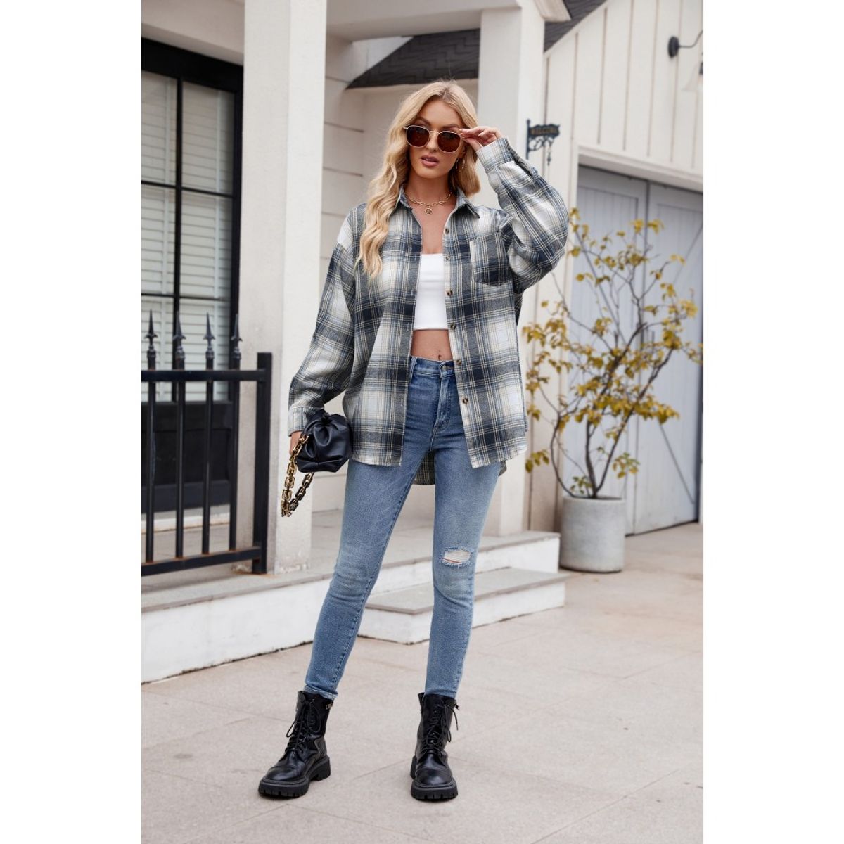 GIOIO - Camisa Cuadros Holgada Urbano Casual Figura Esbelta​