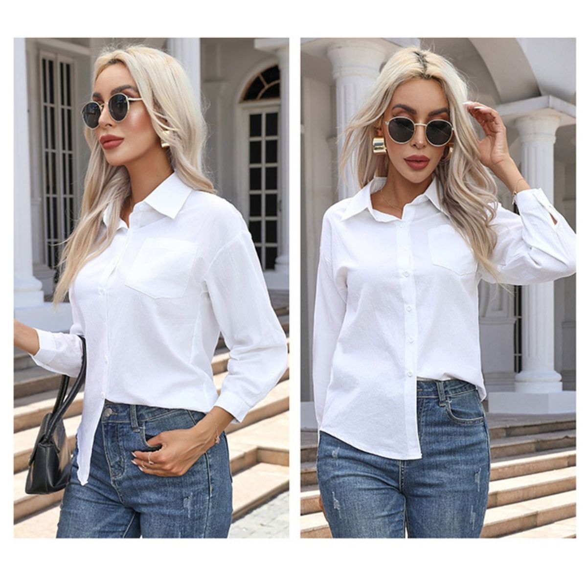 GIOIO - Camisa Algodón 100% Liso Holgada Manga Larga Casual​