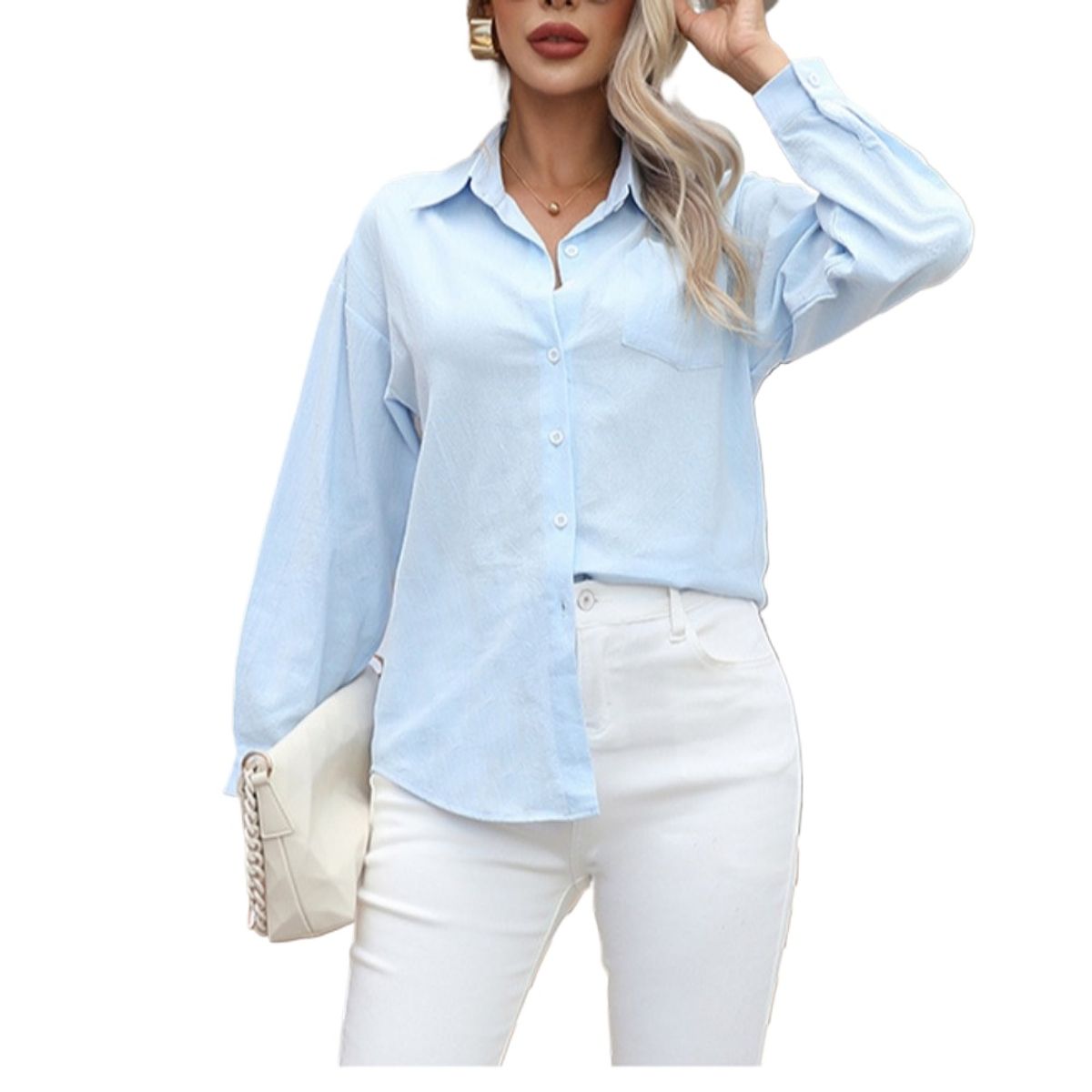 GIOIO - Camisa Algodón 100% Liso Holgada Manga Larga Casual​