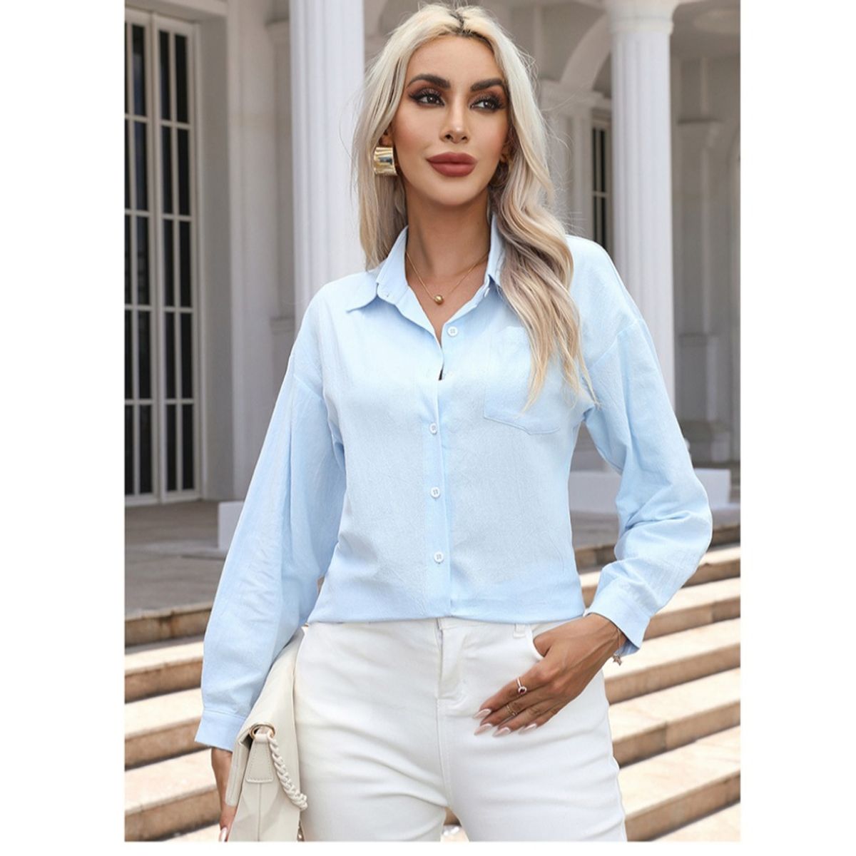 GIOIO - Camisa Algodón 100% Liso Holgada Manga Larga Casual​