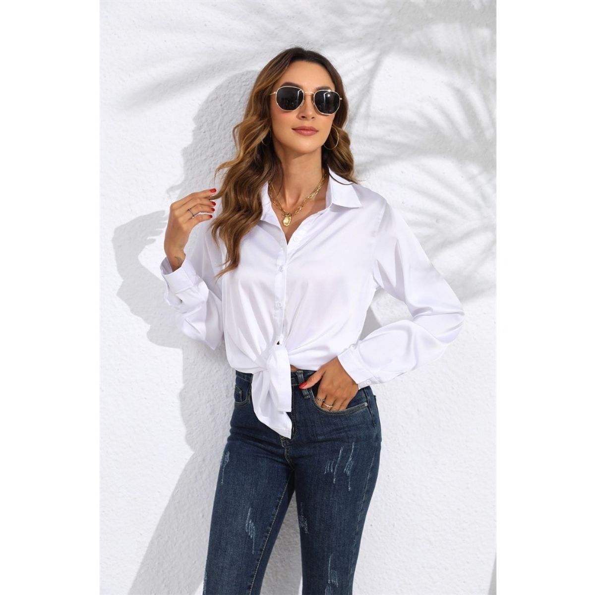 GIOIO - Camisa Satín Liso Manga Larga Premium​