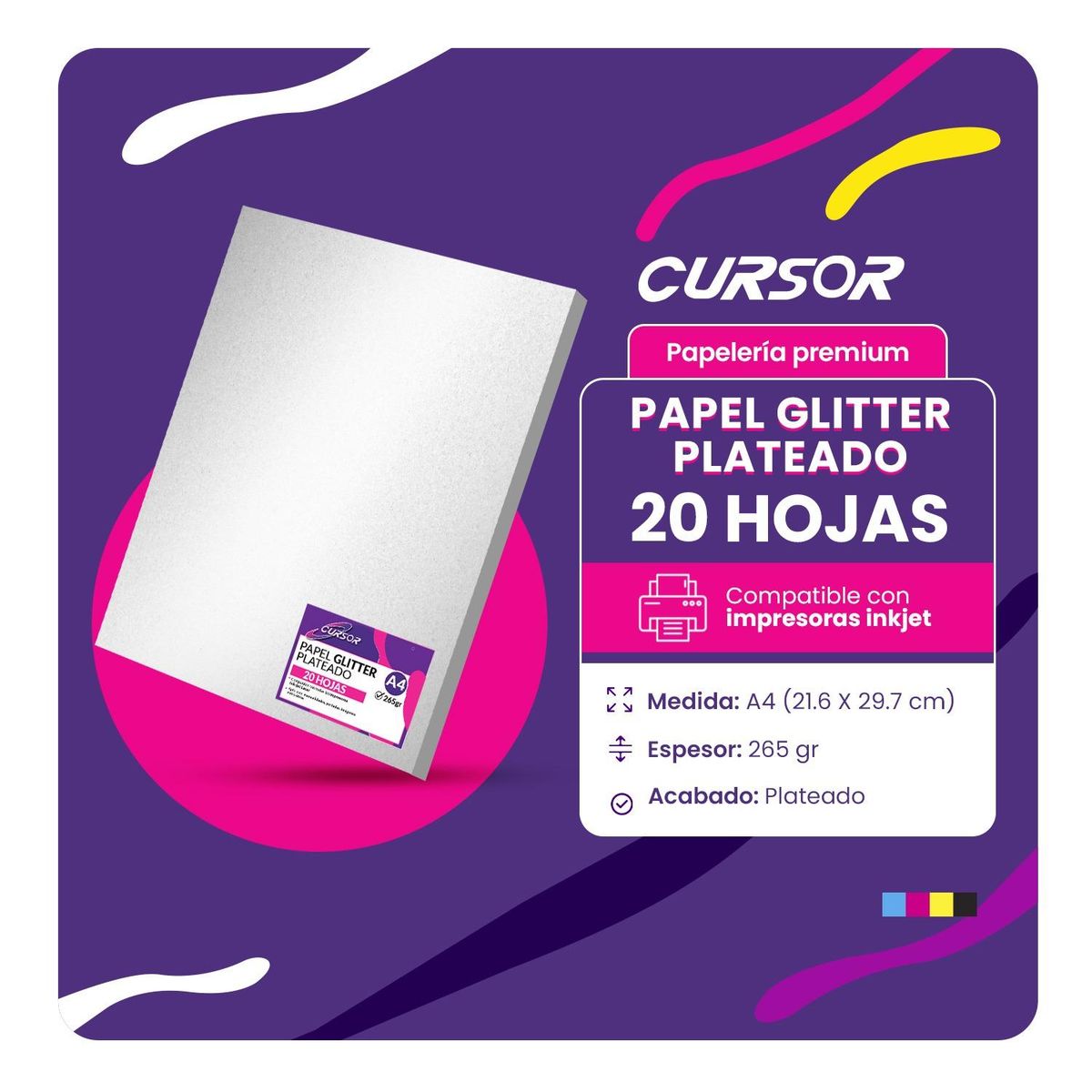 CURSOR - Papel Fotográfico Glitter Glossy Plateado 20hjs A4