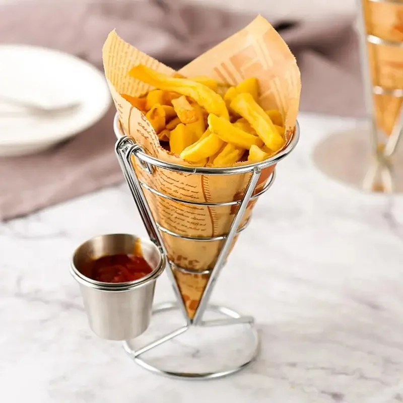 ESPACIO SEOUL - Soporte Cono de Acero Inoxidable para Papas Fritas con Porta Salsa