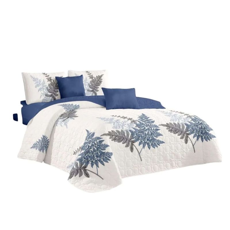 GENERICO - Cubrecama Quilt Verano 2 Plazas - Blanco Hojas Azules TFCC620