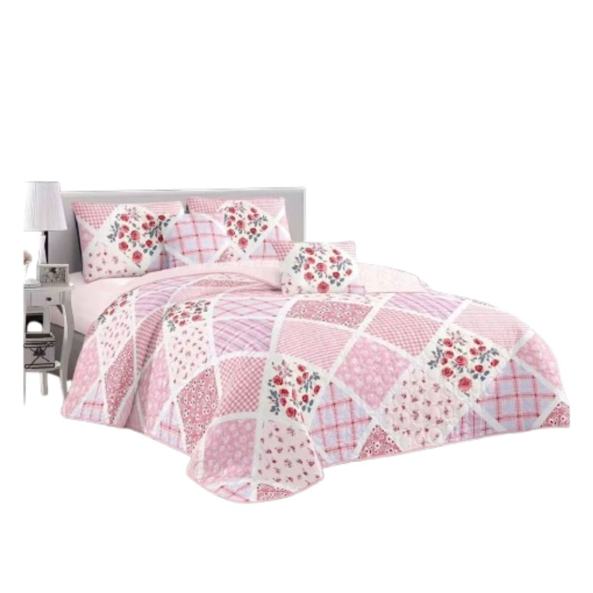 GENERICO - Cubrecama Quilt Verano King - Rosado Cuadrille Rosas HX657