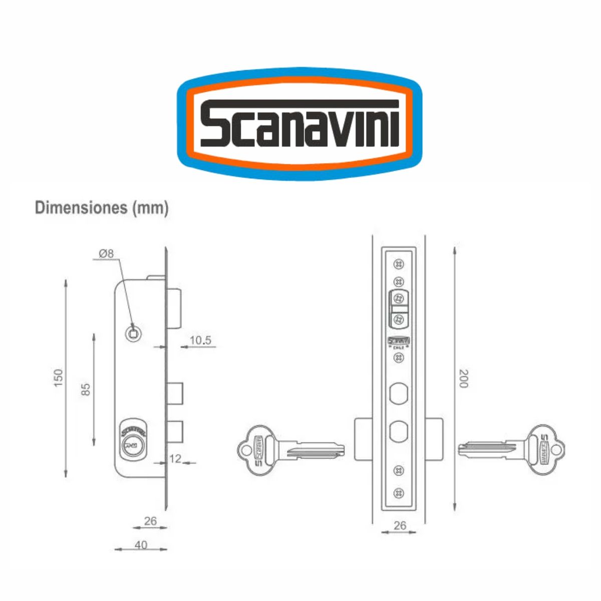 SCANAVINI - Cerradura / Chapa de embutir Scanavini 1280 - Puerta / con manillas