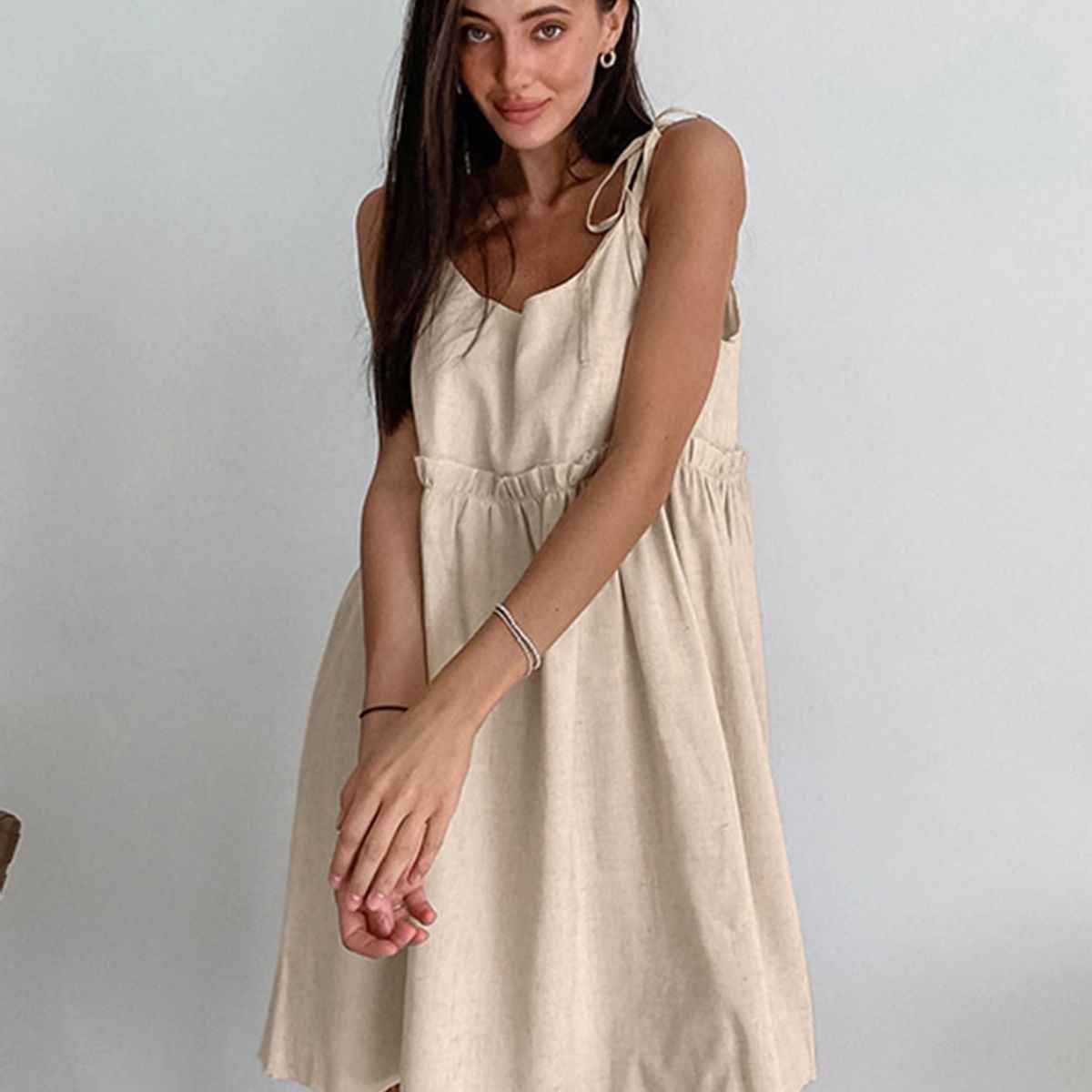 TIOZONEY - Vestido Holgado Con Cuello En V Liso De Manga Corta De Algod - Blanco