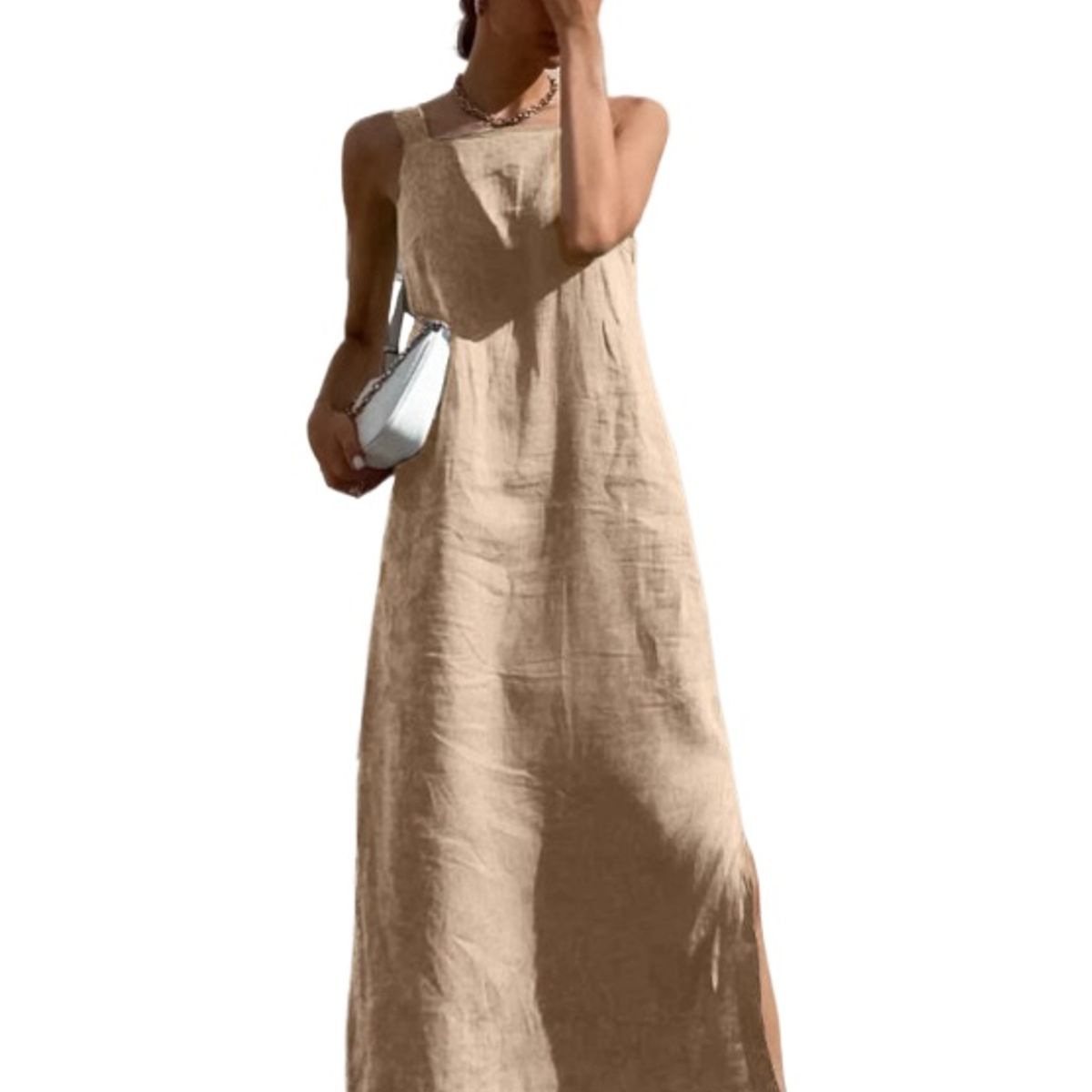 TIOZONEY - Vestido Holgado Con Cuello En V Liso De Manga Corta De Algod - Blanco