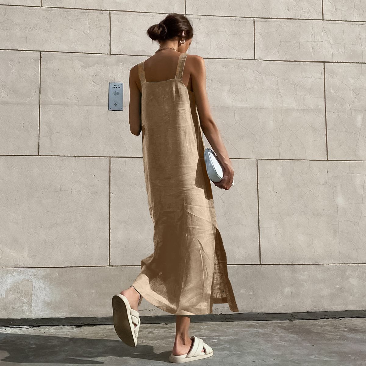 TIOZONEY - Vestido Holgado Con Cuello En V Liso De Manga Corta De Algod - Blanco