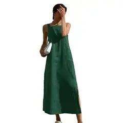 TIOZONEY - Vestido Holgado Con Cuello En V Liso De Manga Corta De Algod - Verde