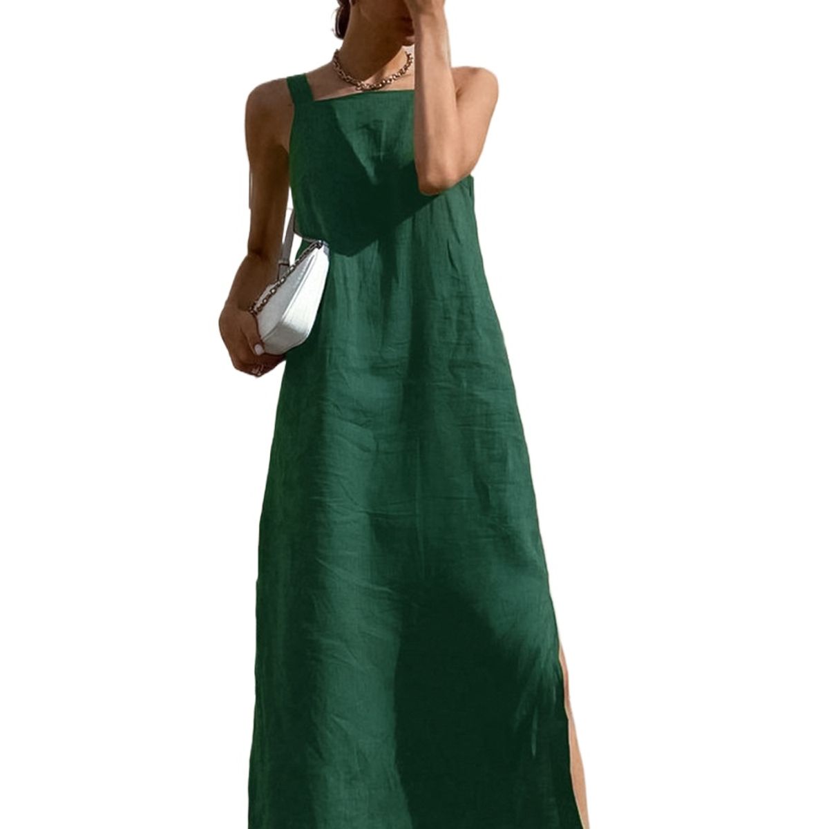 TIOZONEY - Vestido Holgado Con Cuello En V Liso De Manga Corta De Algod - Verde