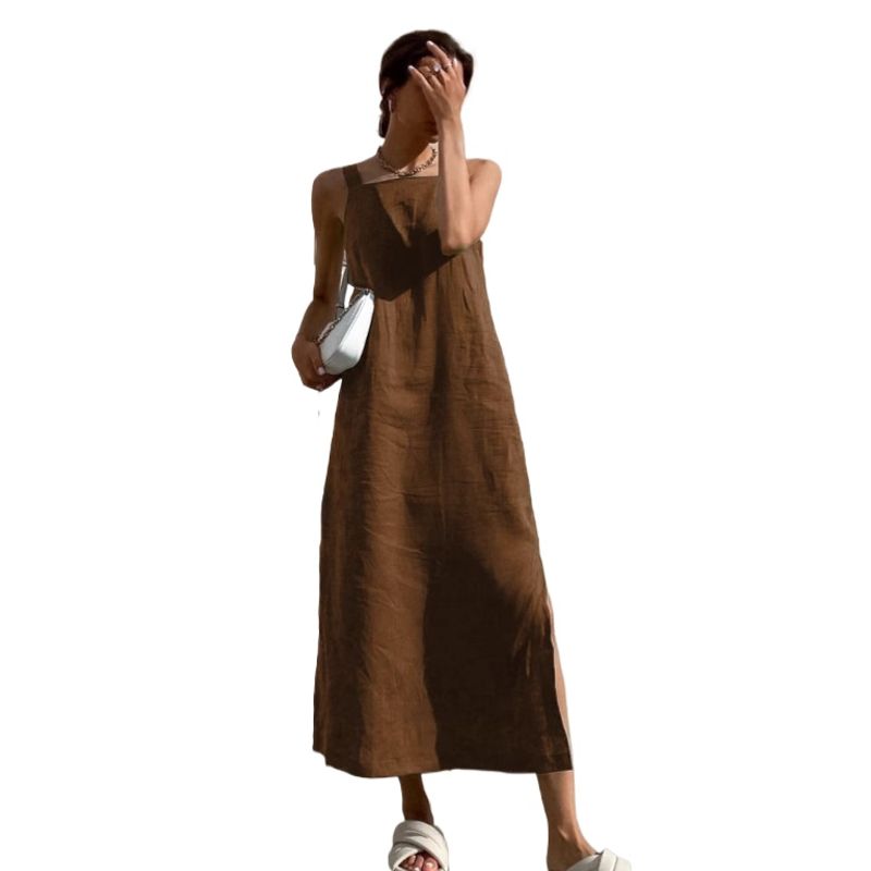 TIOZONEY - Vestido Holgado Con Cuello En V Liso De Manga Corta De Algod - Marrón