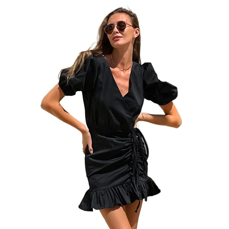 TIOZONEY - Vestido Holgado Con Cuello En V Liso De Manga Corta De Algod - Negro