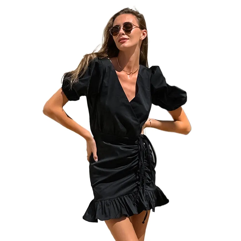 TIOZONEY - Vestido Holgado Con Cuello En V Liso De Manga Corta De Algod - Negro