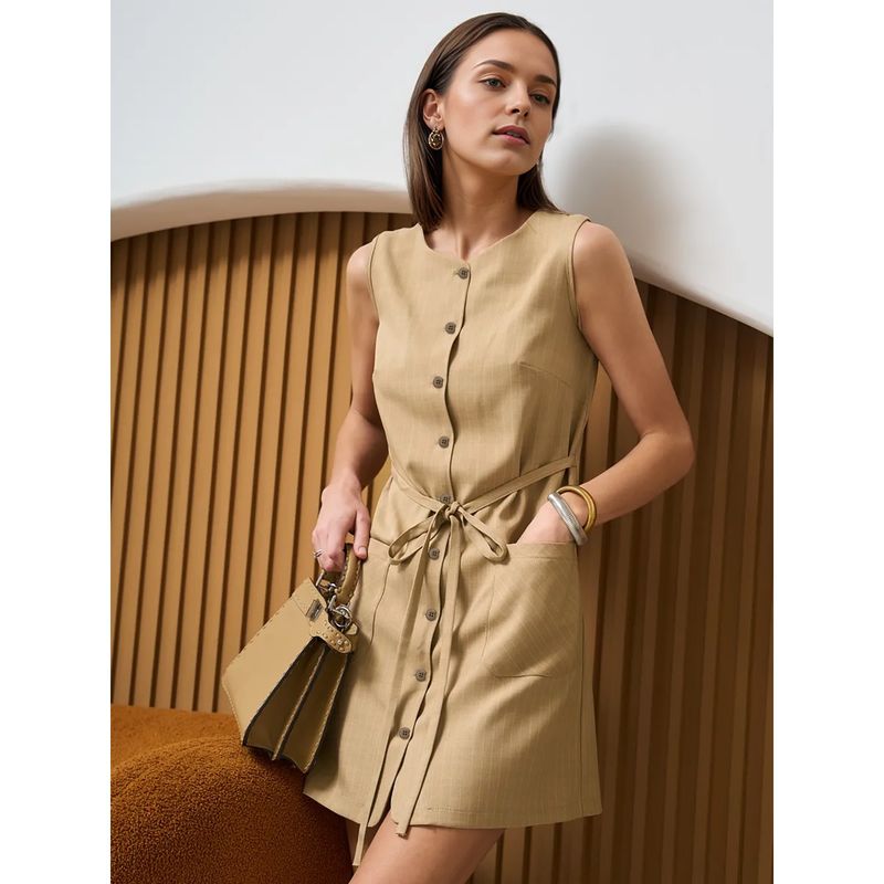 TIOZONEY - Vestido Holgado Con Cuello En V Liso De Manga Corta De Algod - Beige