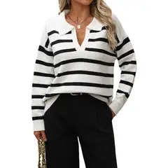 TIOZONEY - Suéter a rayas para mujer-Blanco