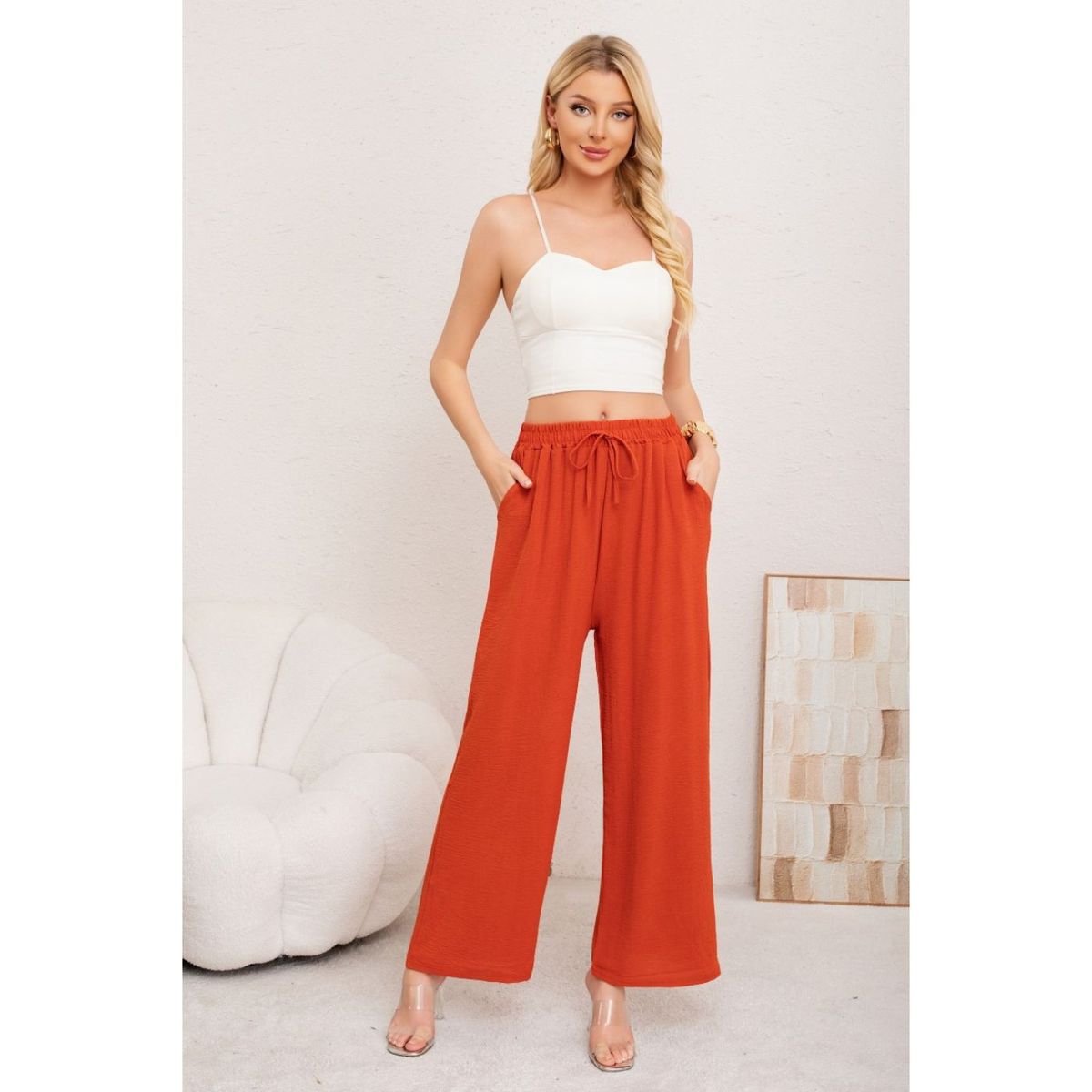 LIKE SHOP - Pantalon Palazzo Algodon Mujer Tipo Lino Bota Ancha 3002
