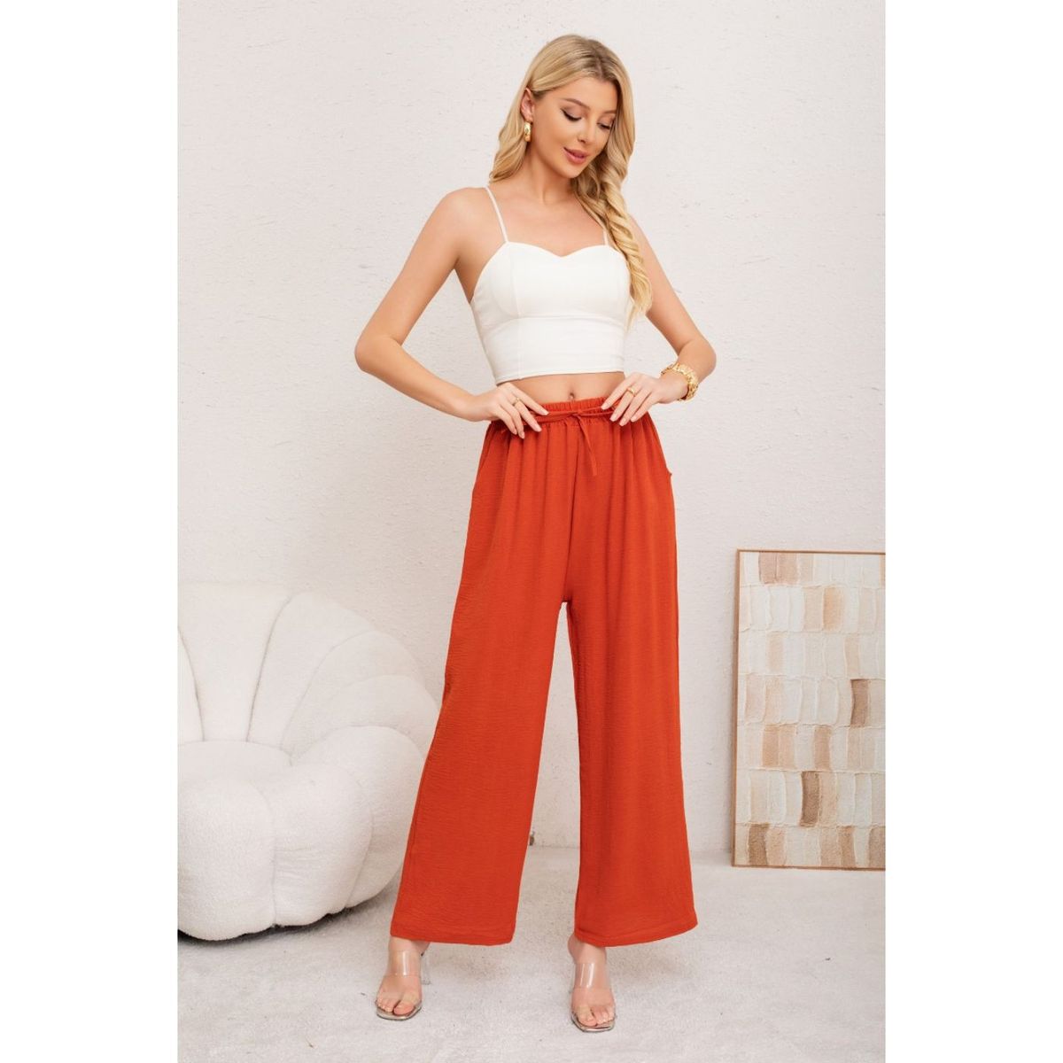 LIKE SHOP - Pantalon Palazzo Algodon Mujer Tipo Lino Bota Ancha 3002