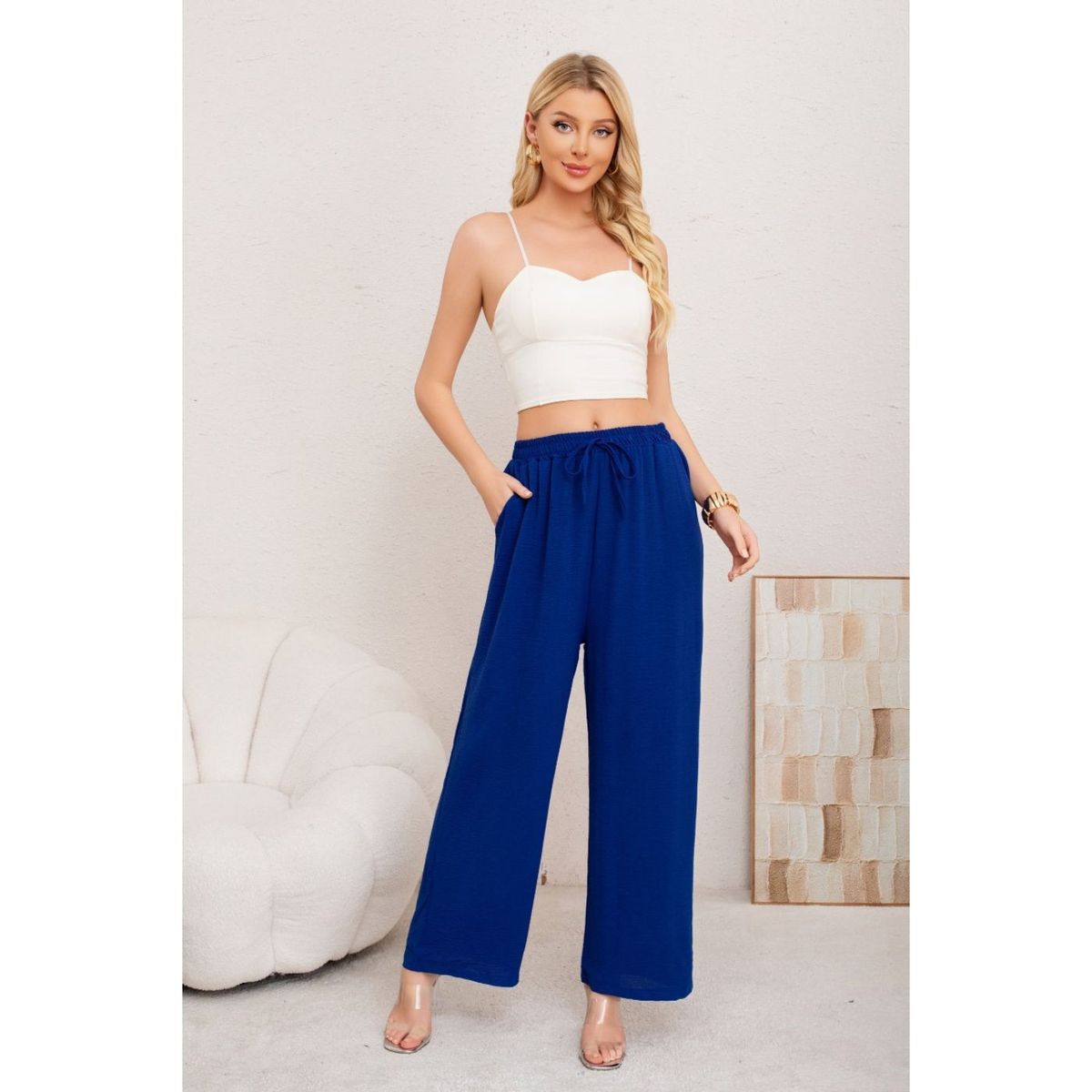 LIKE SHOP - Pantalon Palazzo Algodon Mujer Tipo Lino Bota Ancha 3002