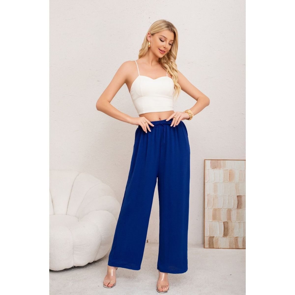 LIKE SHOP - Pantalon Palazzo Algodon Mujer Tipo Lino Bota Ancha 3002