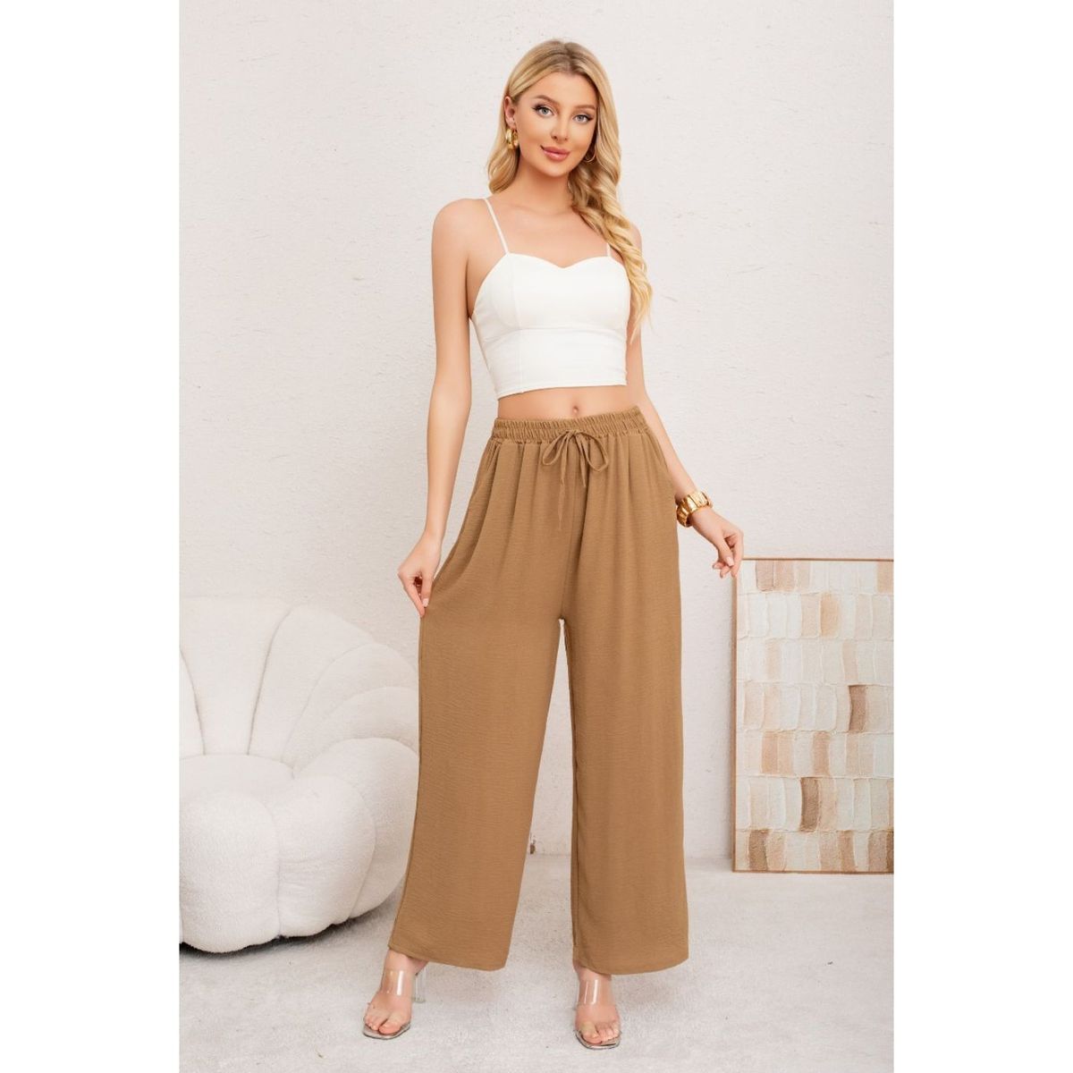 LIKE SHOP - Pantalon Palazzo Algodon Mujer Tipo Lino Bota Ancha 3002