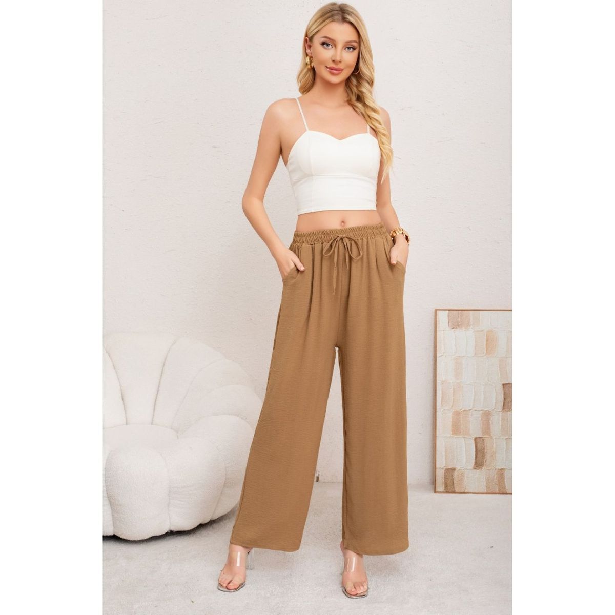 LIKE SHOP - Pantalon Palazzo Algodon Mujer Tipo Lino Bota Ancha 3002