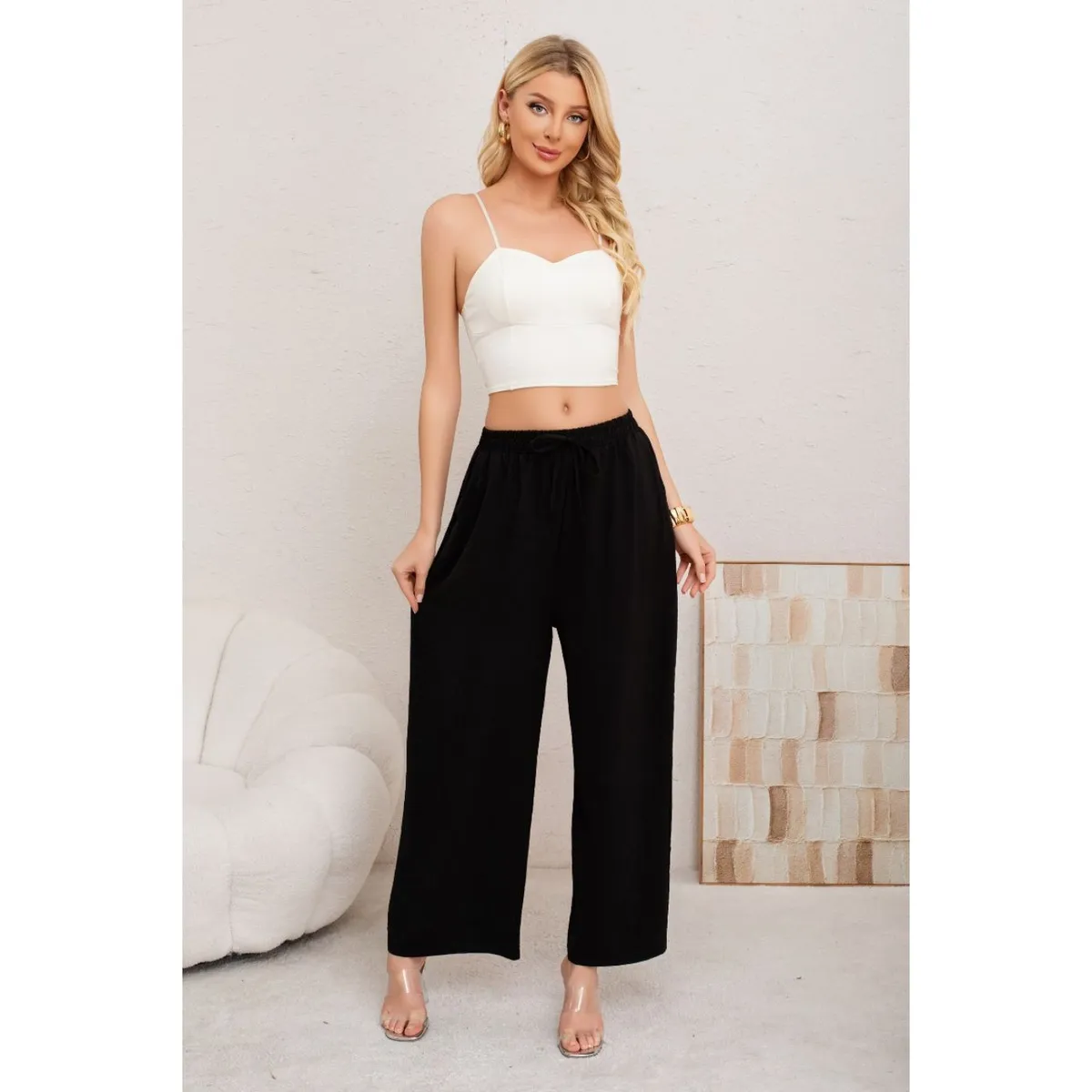 LIKE SHOP - Pantalon Palazzo Algodon Mujer Tipo Lino Bota Ancha 3002