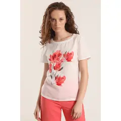 LIOLA - Polera satín estampado flor mujer crudo