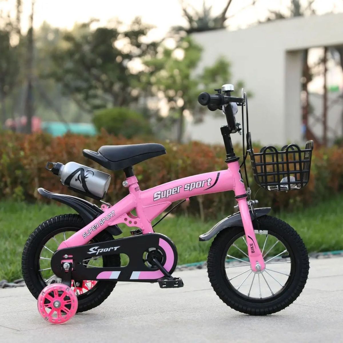 BABYLUNA - Bicicleta Aro 12 con Cesta, Ruedas y Botellón de Agua Rosado