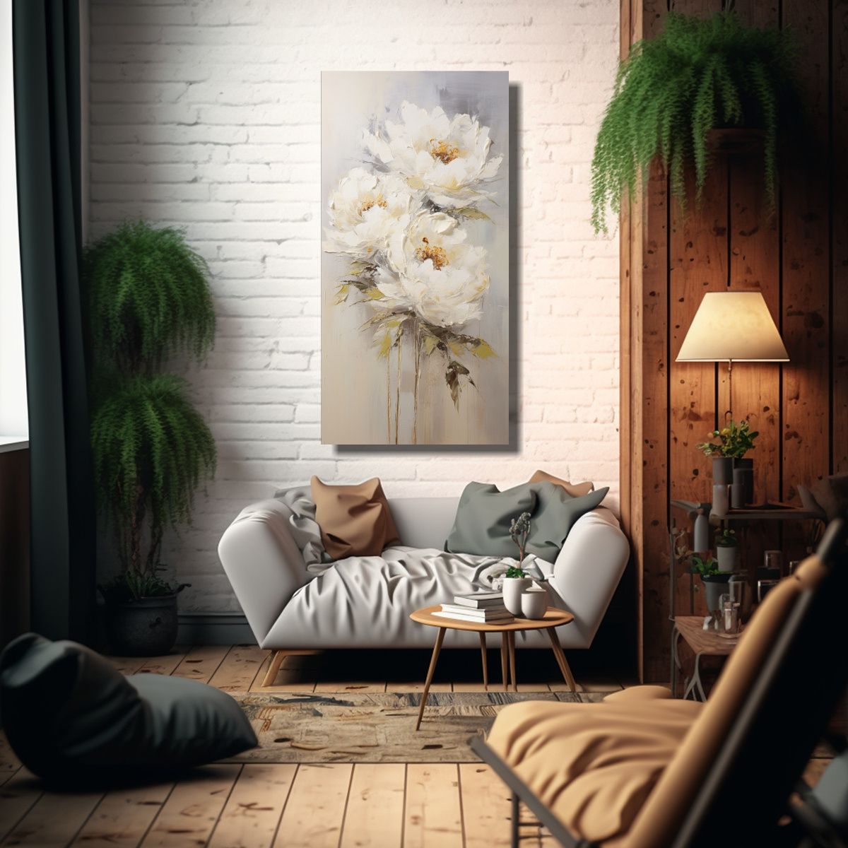 GENERICO - Lienzo Acuarela Peonías Blancas Estilo Decorativo 70x140 Cm