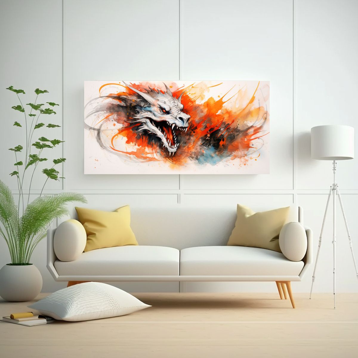 GENERICO - Pintura Escena Dragón Acuarela Y Naranja Estilo 140x70 Cm