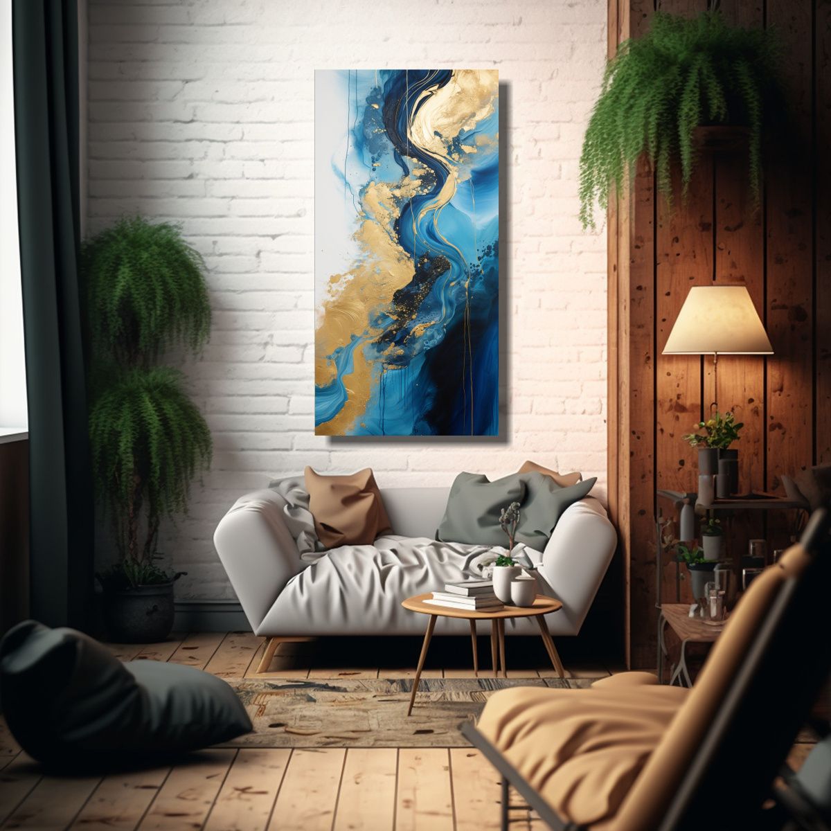 GENERICO - Pintura Abstracta De Río Y Montañas En Cuadro 70x140 Cm.