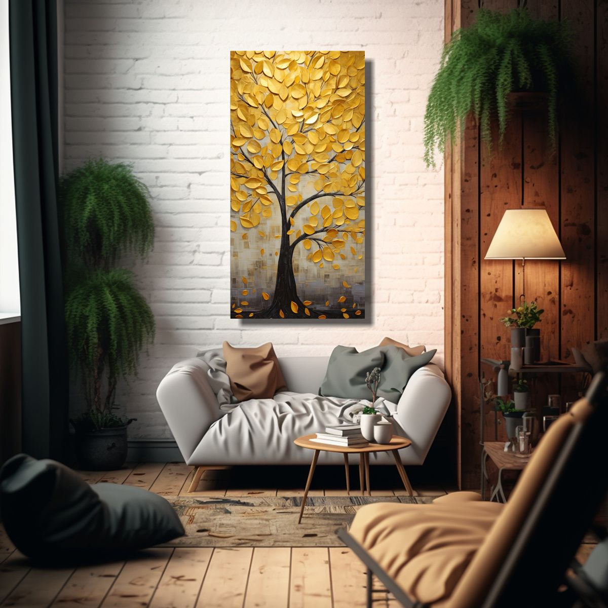 GENERICO - Pintura Decorativa De Árbol En Oro Y Amarillo 70x140 Cm