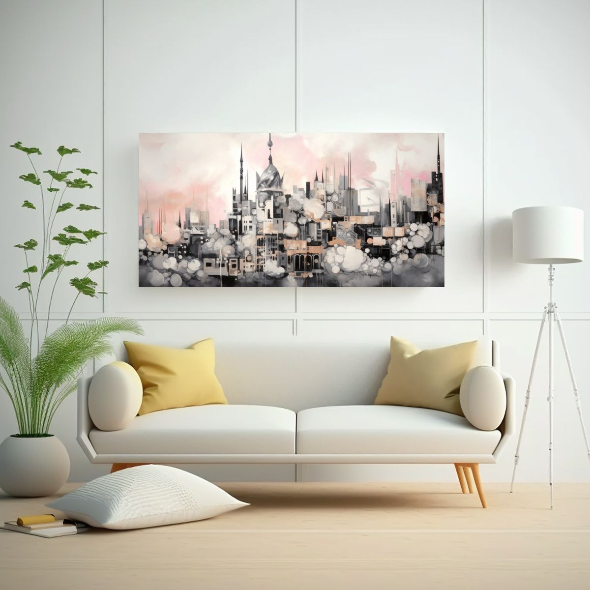 GENERICO - Cuadro De Tela Abstracto De Ciudad En Blanco Y 120x60 Cm.