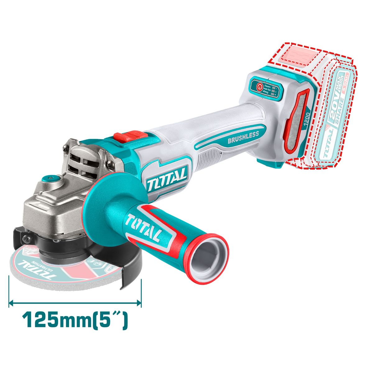 Esmeril Angular Inalambrico 20V 125mm 1200W Total, marca TOTAL TOOLS - Foto 2