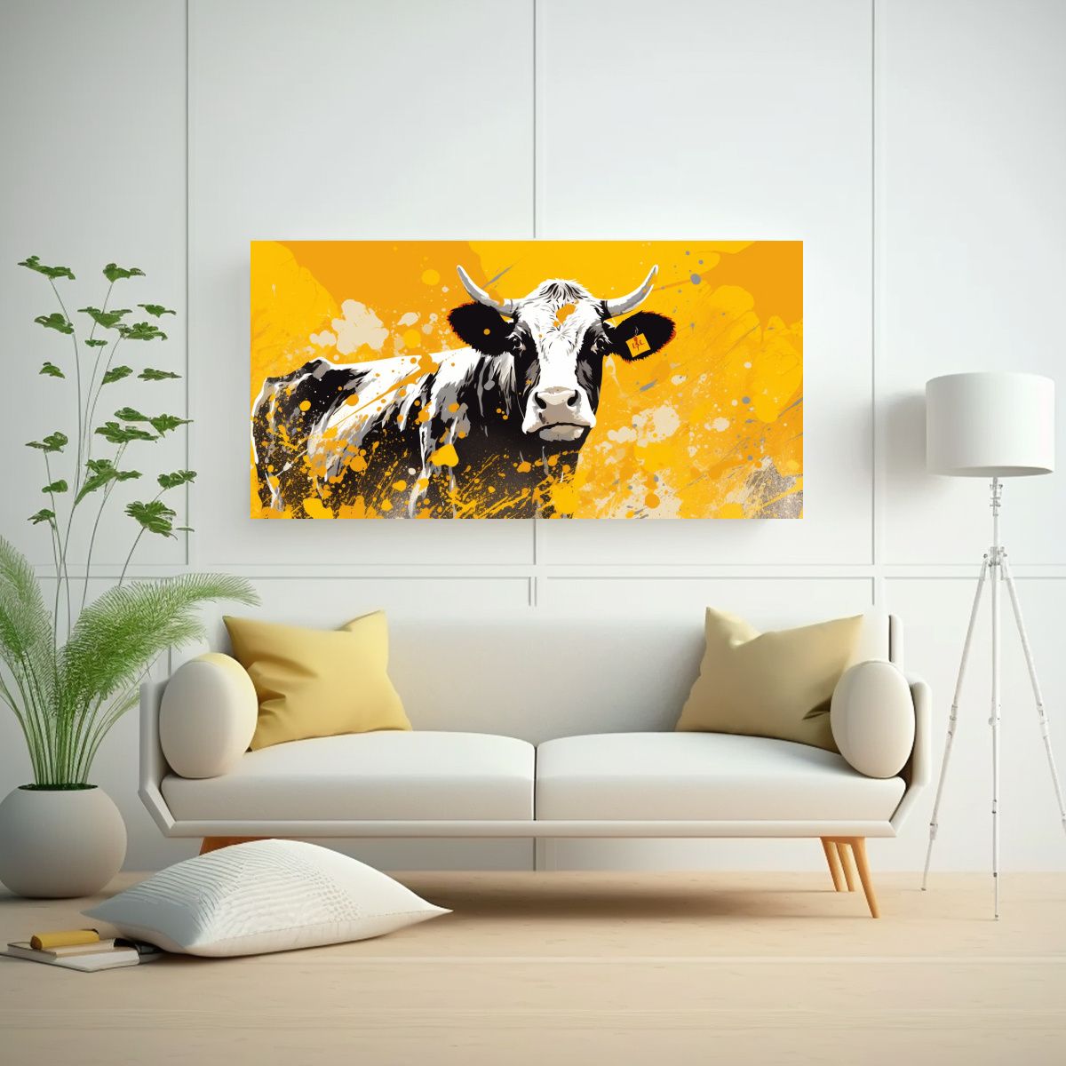 GENERICO - Cuadro Tela Vaca Hereford Amarillo Estilo Neo Pop 120x60 Cm