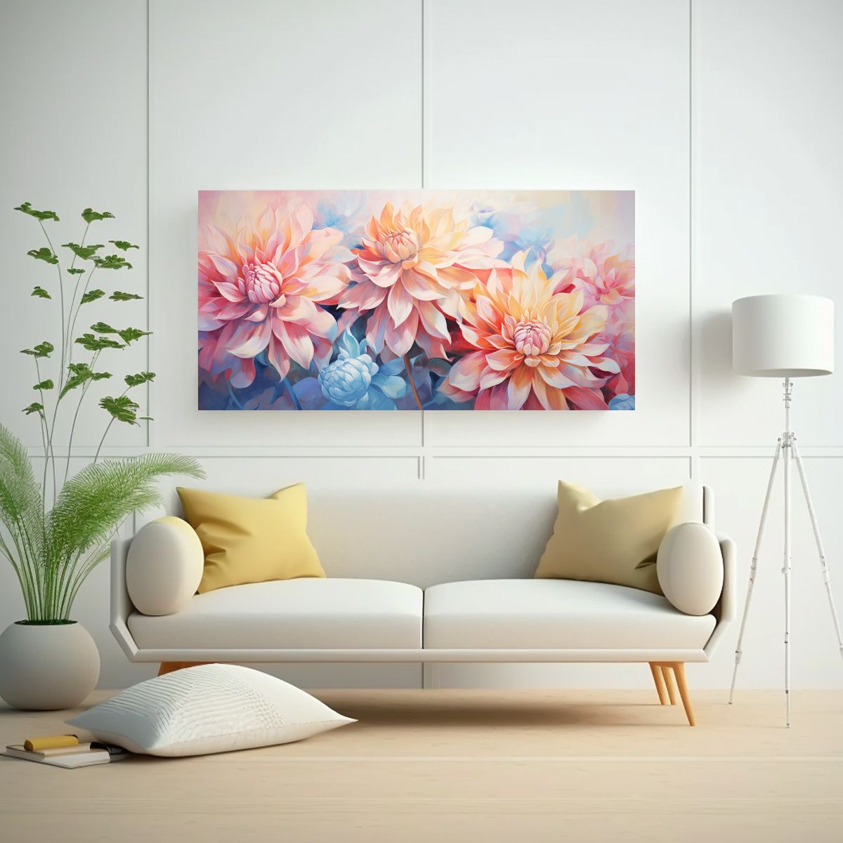 GENERICO - Pintura Abstracta De Dahlias En Lienzo Con 120x60 Cm.
