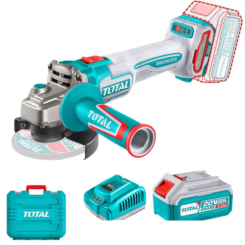TOTAL TOOLS - Esmeril Angular Inalámbrico 20V 115mm 1000W Batería y Cargador Total